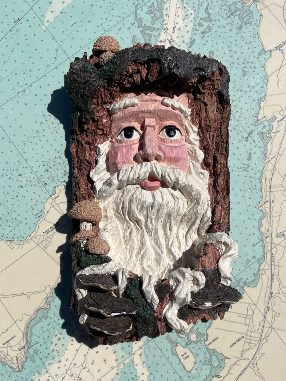 Vintage 90s Resin Carved Wood Santa Tree Wall Hanging
